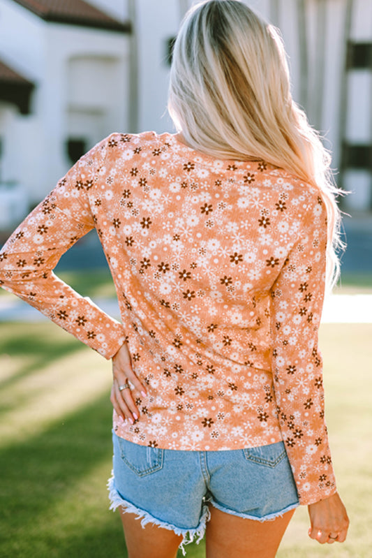 Haut à manches longues en tricot fleuri orange