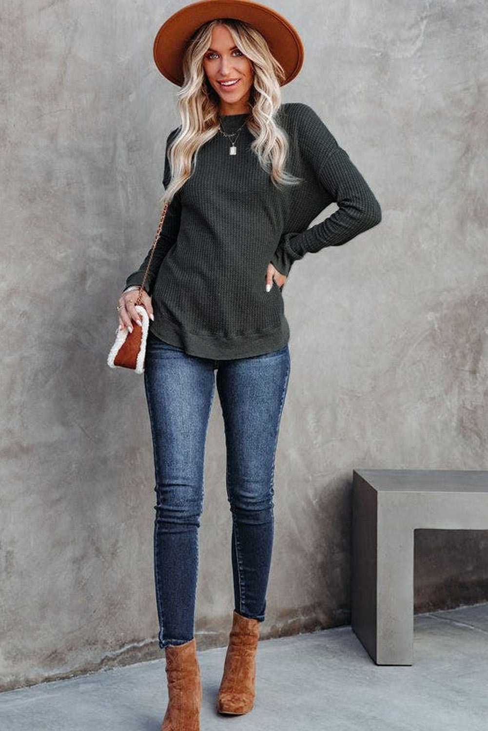 Crew Neck Ribbed Trim Waffle Knit Top