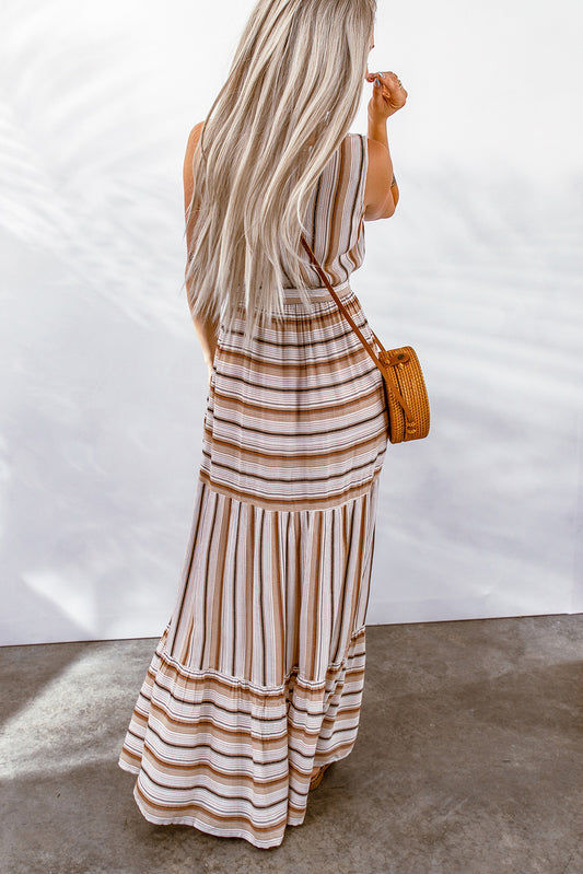 Striped V Neck Sleeveless Maxi Dress with Tie