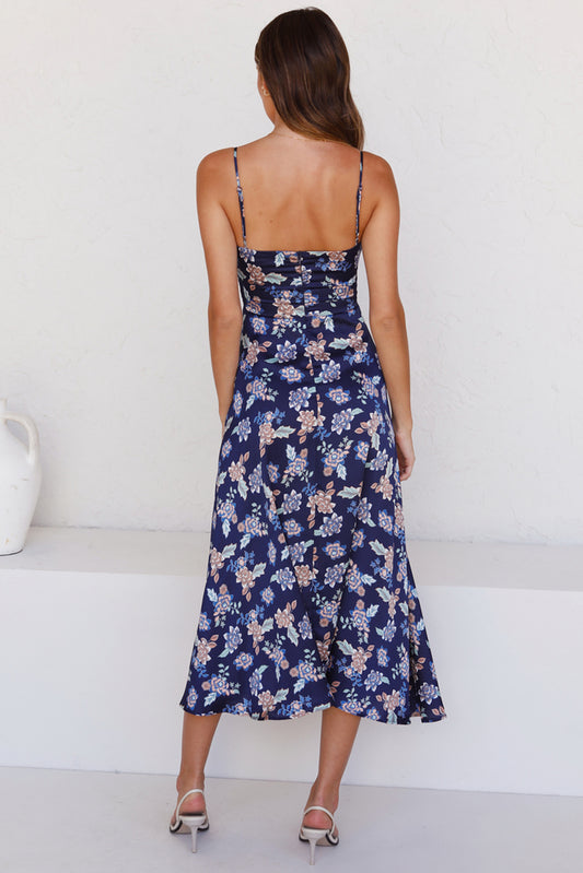 Floral Print Bust Knot Long Dress with Slit