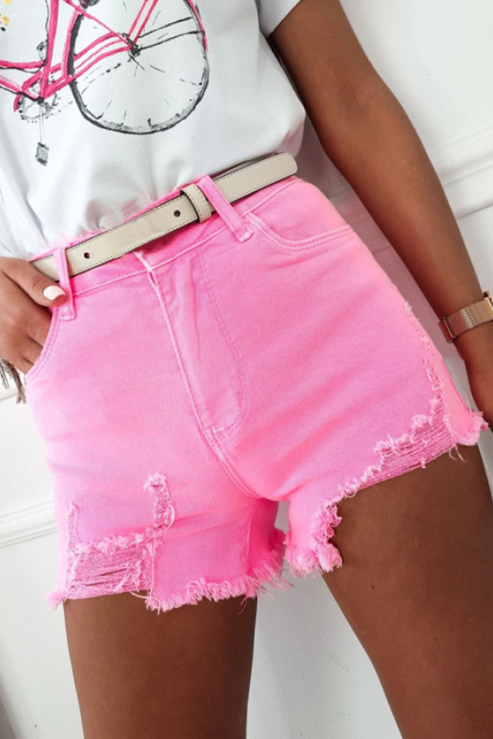 Solid Color Distressed Denim Shorts