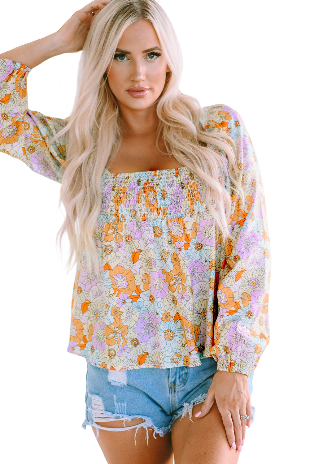 Floral Square Neck Puff Sleeve Babydoll Blouse