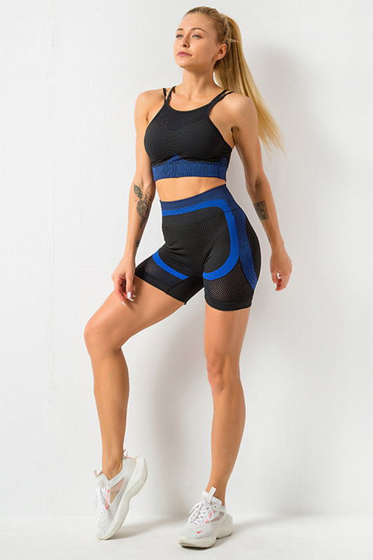 Ensemble de sport haut court et short de sport en maille respirante bleu ciel