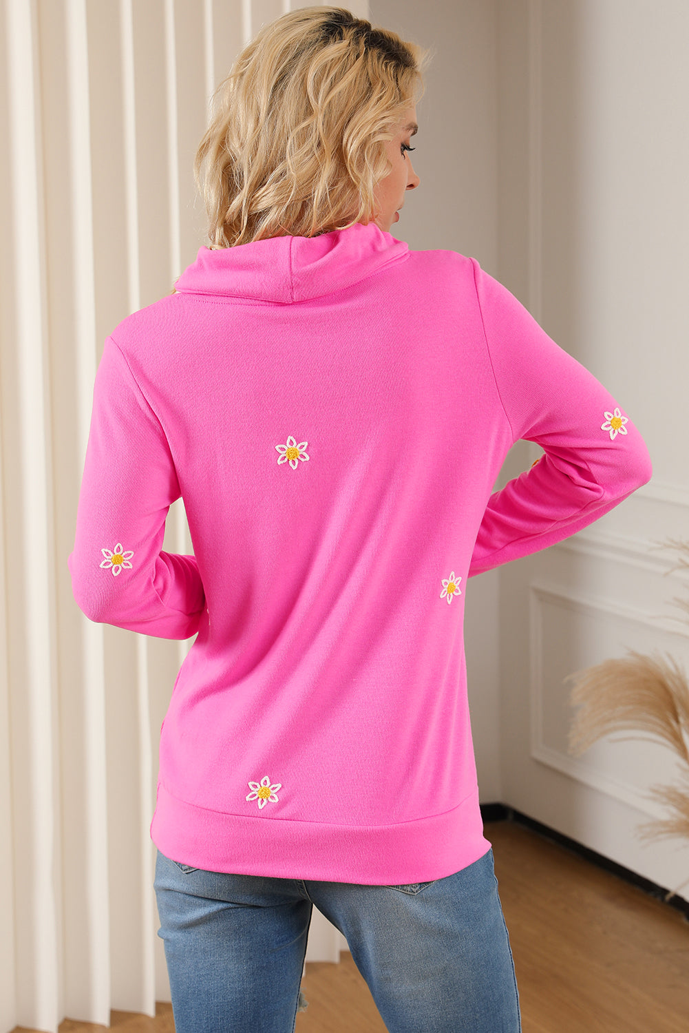 Flower Embroidered Thumbhole Sleeve Cowl Neck Sweatshirt