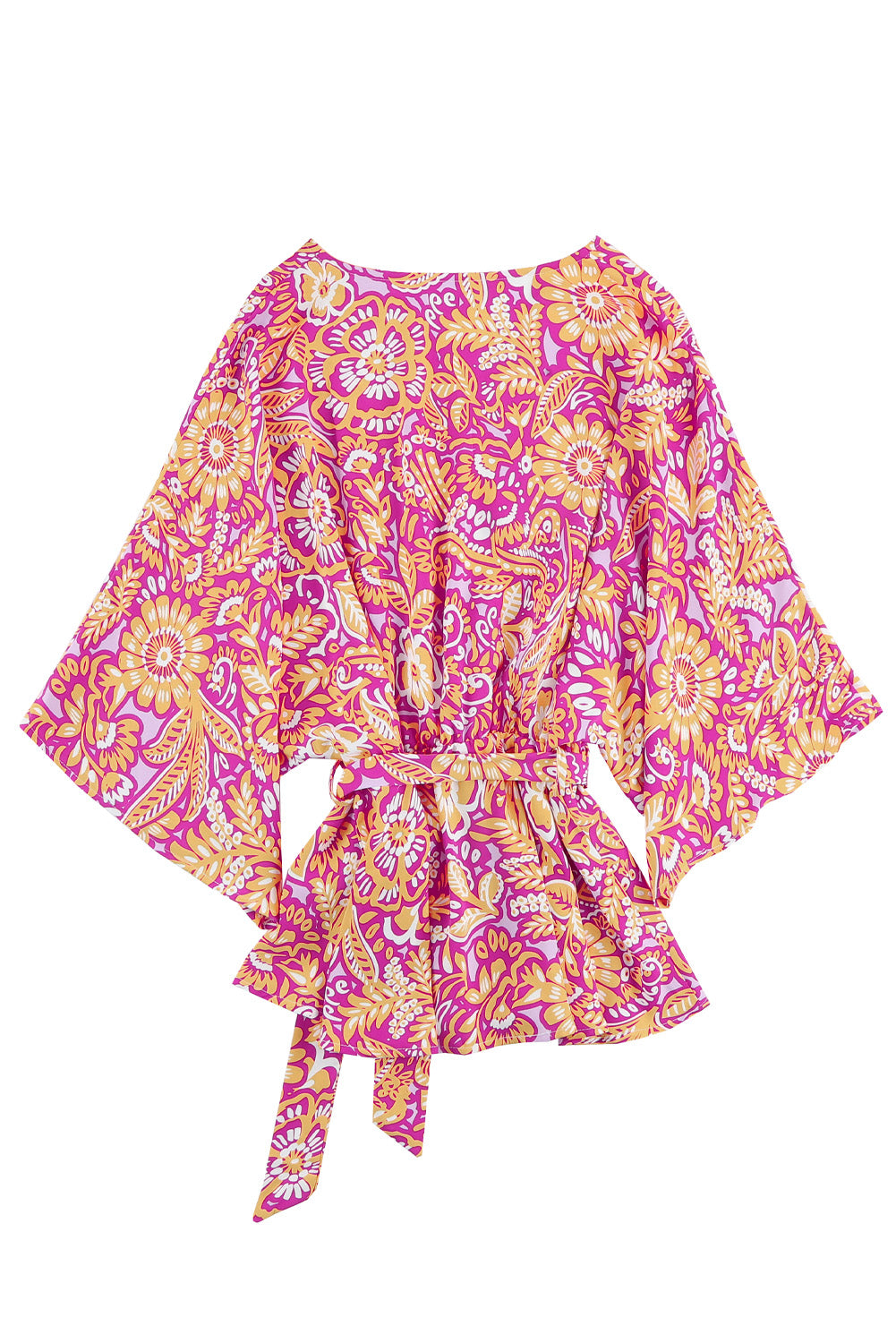 Boho Floral Print Belted Surplice Blouse