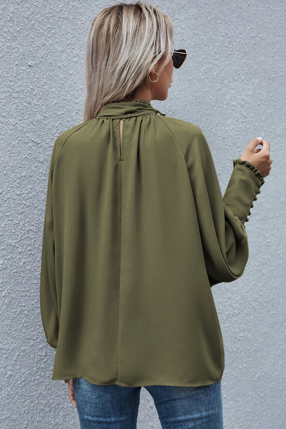 Khaki Frilled Knotted Mock Neck Bishop Sleeve Blouse