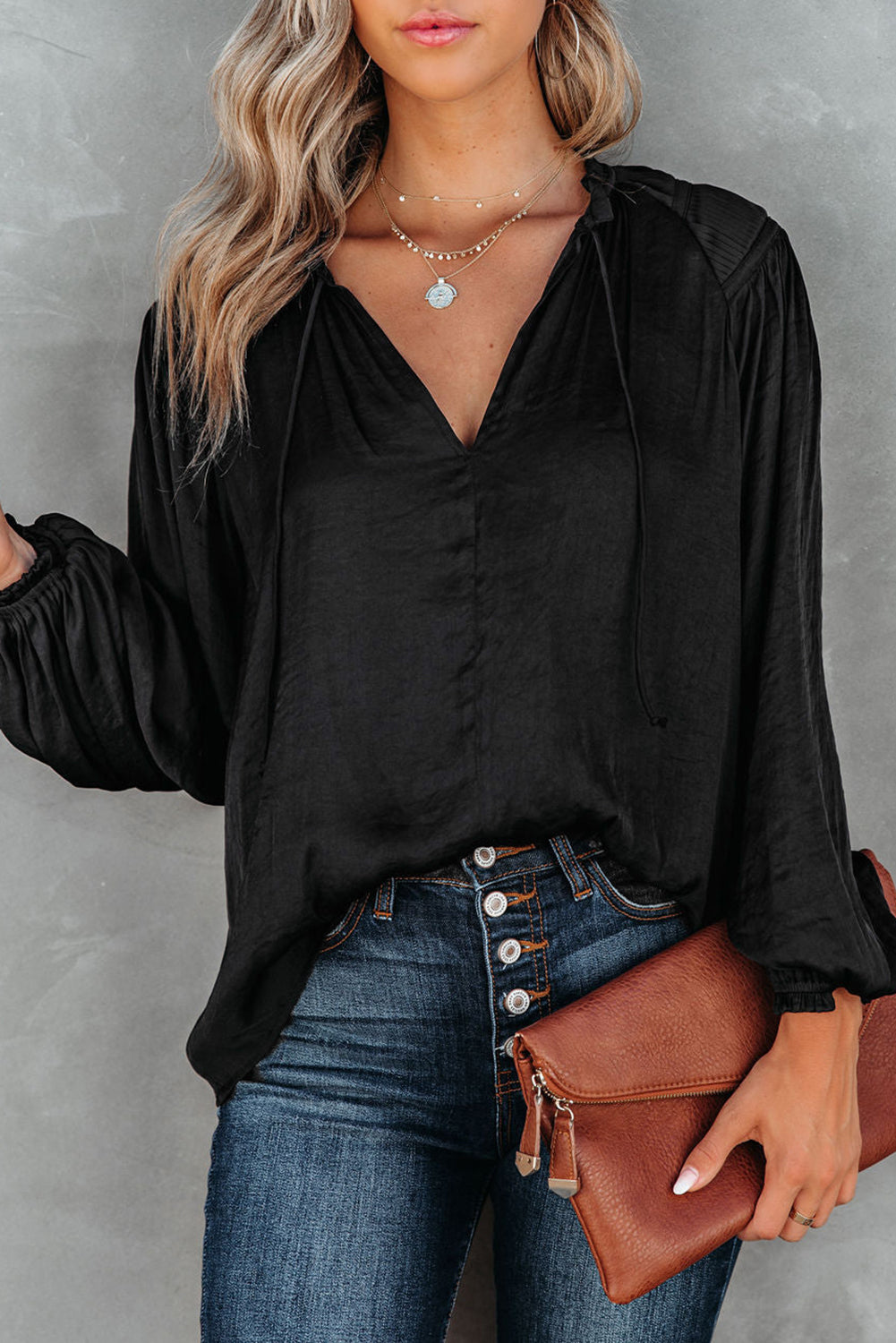 Pleated Balloon Sleeve Drawstring V-Neck Blouse