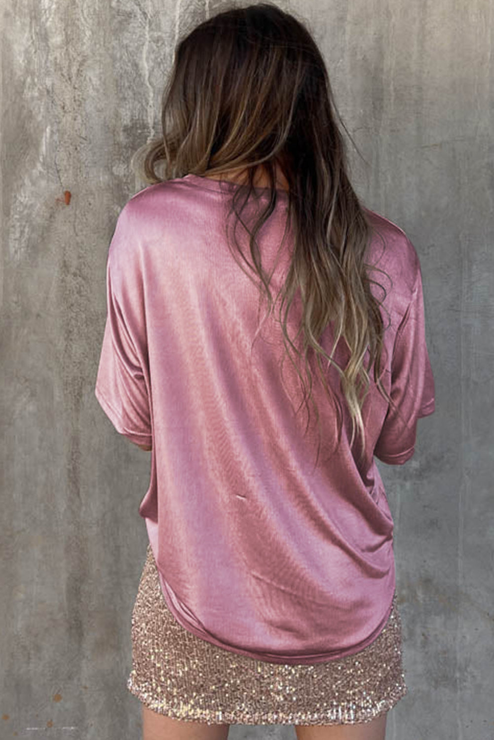 Glitter Chest Pocket Round Neck Long Sleeve Top