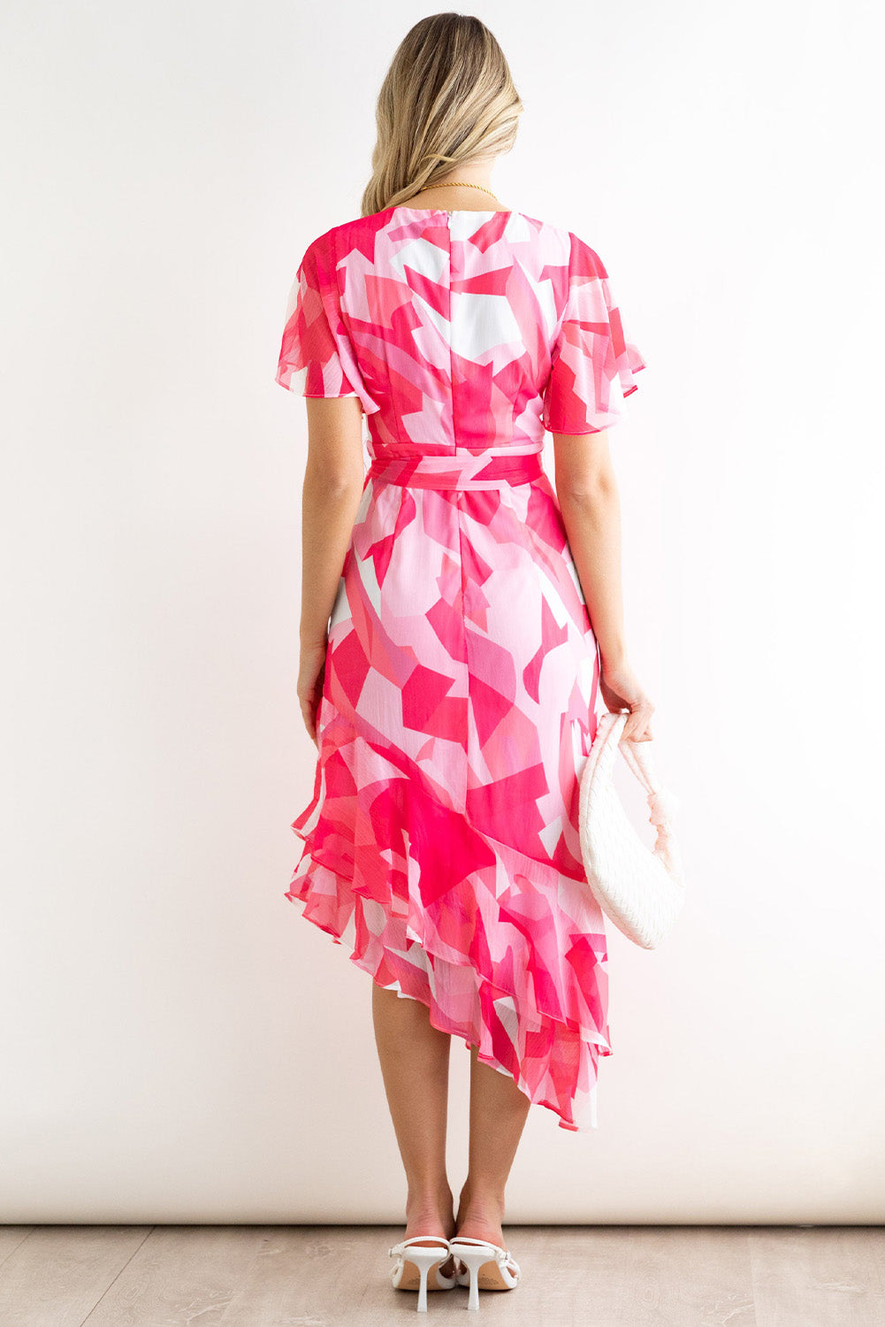 Abstract Print Asymmetric Ruffle Hem Belted Dress