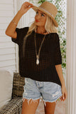 Fishnet Knit Ribbed Round Neck Short Sleeve Sweater Tee