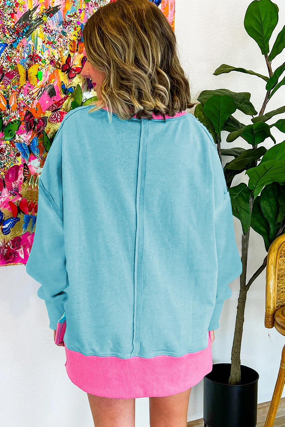 Light Blue Colorblock Patchwork Crew Neck Loose Sweatshirt