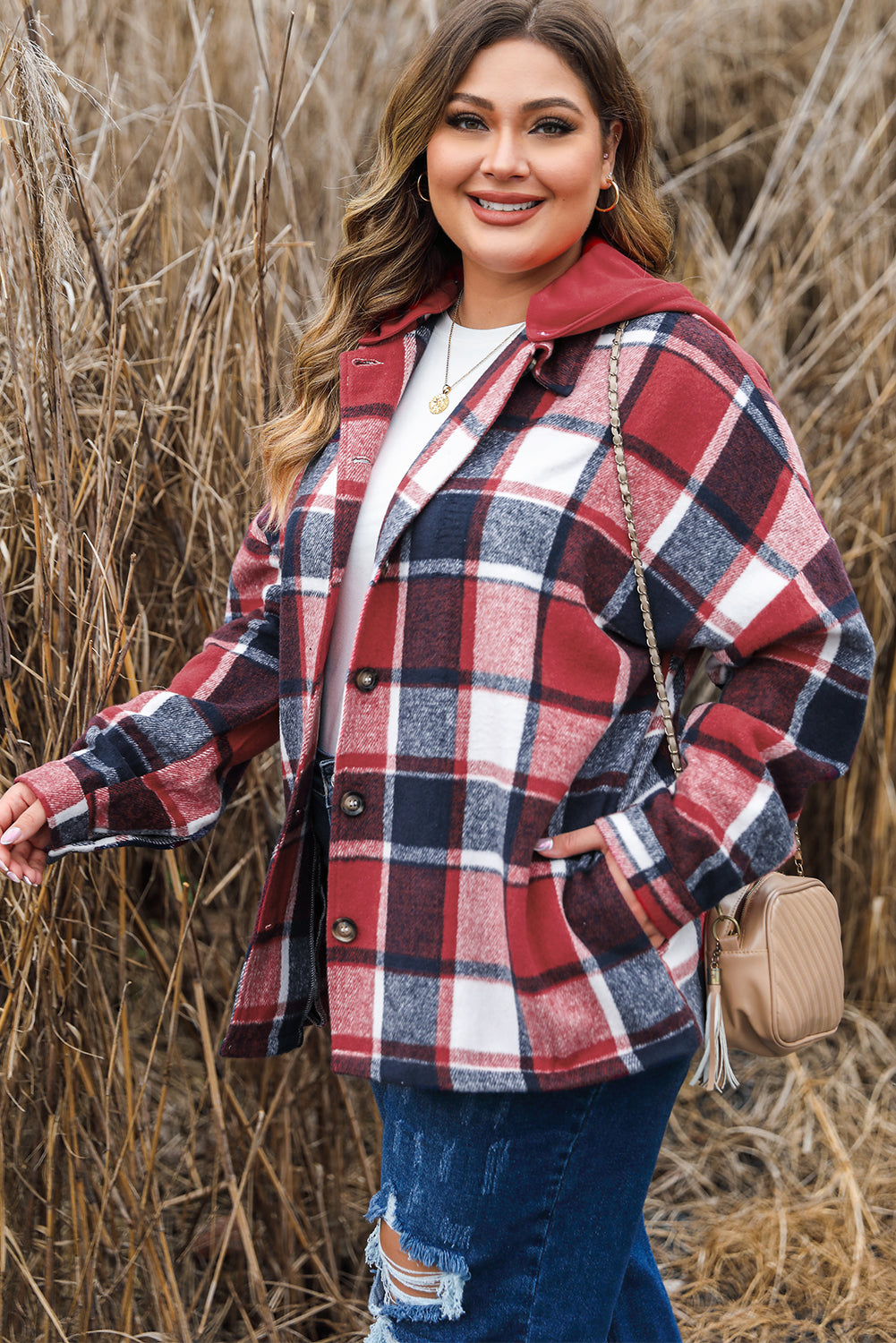 Red Printed Plus Size Plaid Button up Hooded Jacket