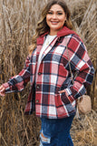 Red Printed Plus Size Plaid Button up Hooded Jacket