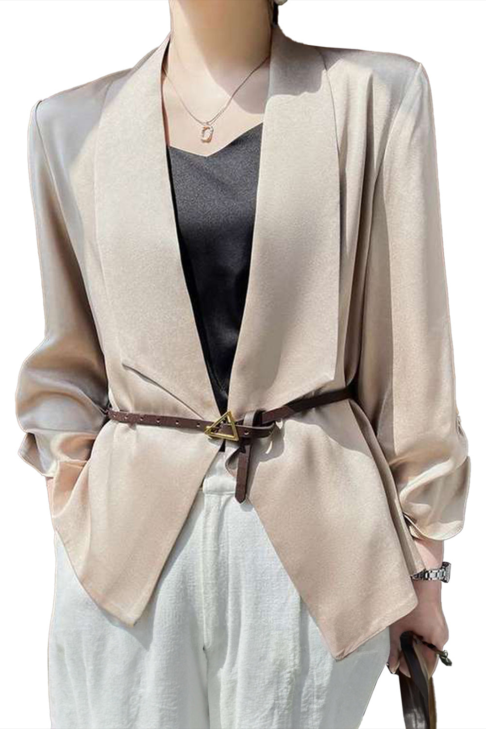 Solid Lapel Collar Satin Blazer