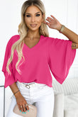 Plain Flounce Bell Sleeve V Neck Blouse