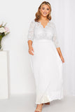 Lace Scalloped V Neck 3/4 Sleeves Pleated Tulle Plus Maxi Dress