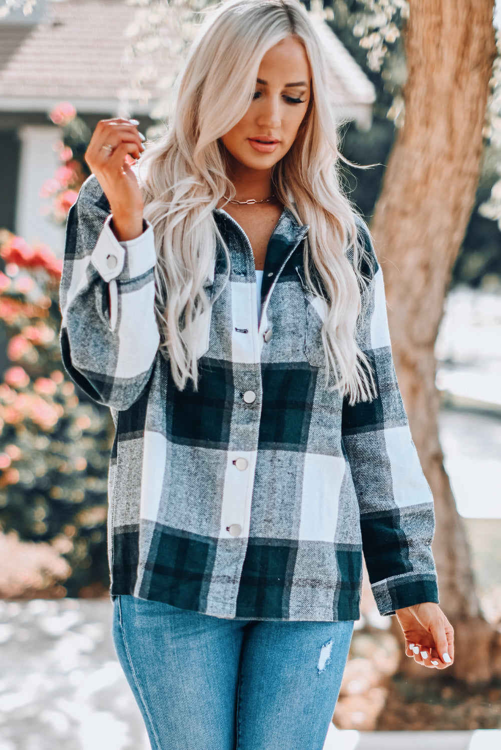 Plaid Print Buttoned Shirt Coat with Pocket