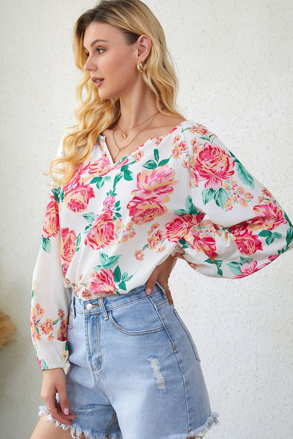 Notch V Neck Floral Pleated Puff Sleeve Blouse