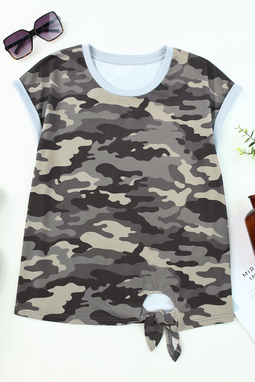 Camo Print Knotted Hem T-shirt