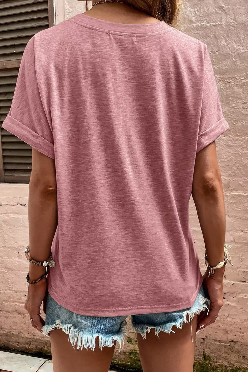 Button V Neck Rolled Sleeve T Shirt