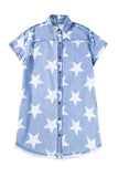 Sky Blue Stars Frayed Hem Collared Short Sleeve Denim Dress