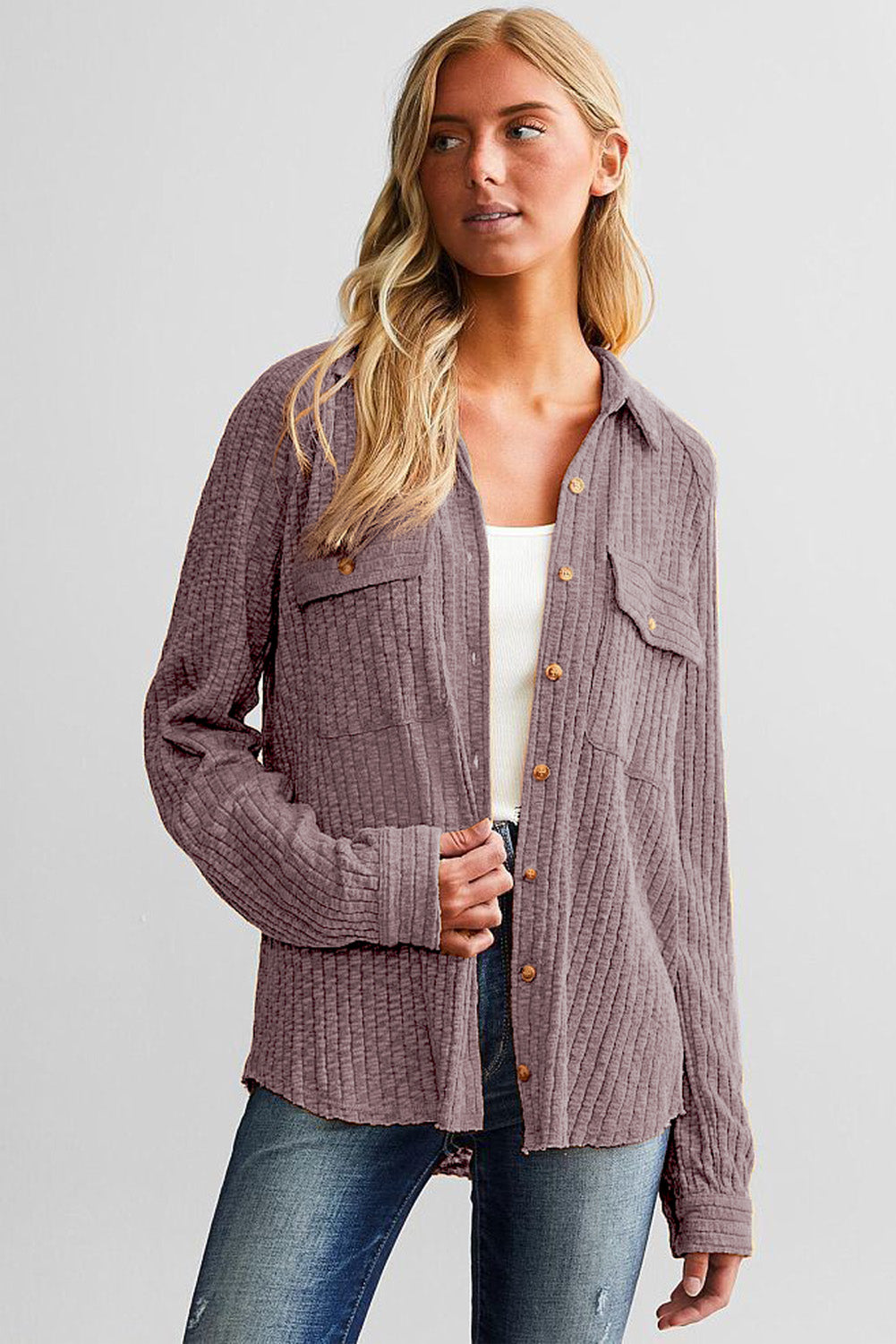 Button Flap Pocket Ribbed Knit Shacket