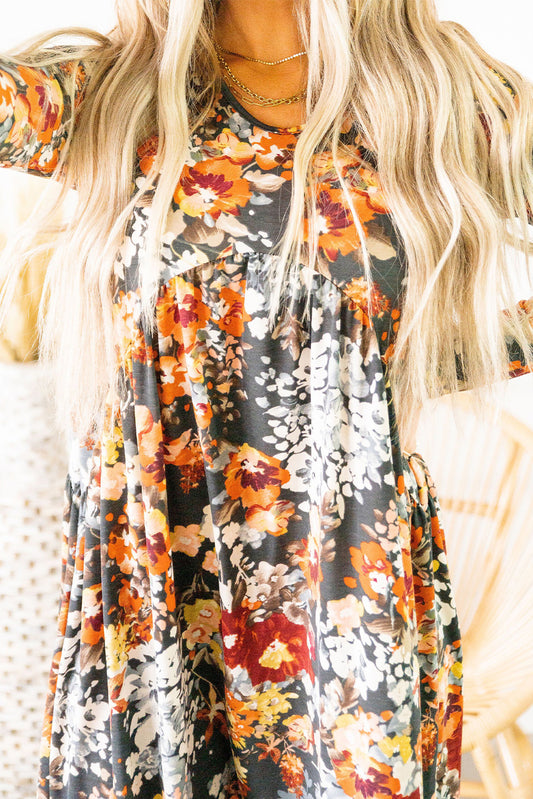 Floral Print Ruched Long Sleeve Dress