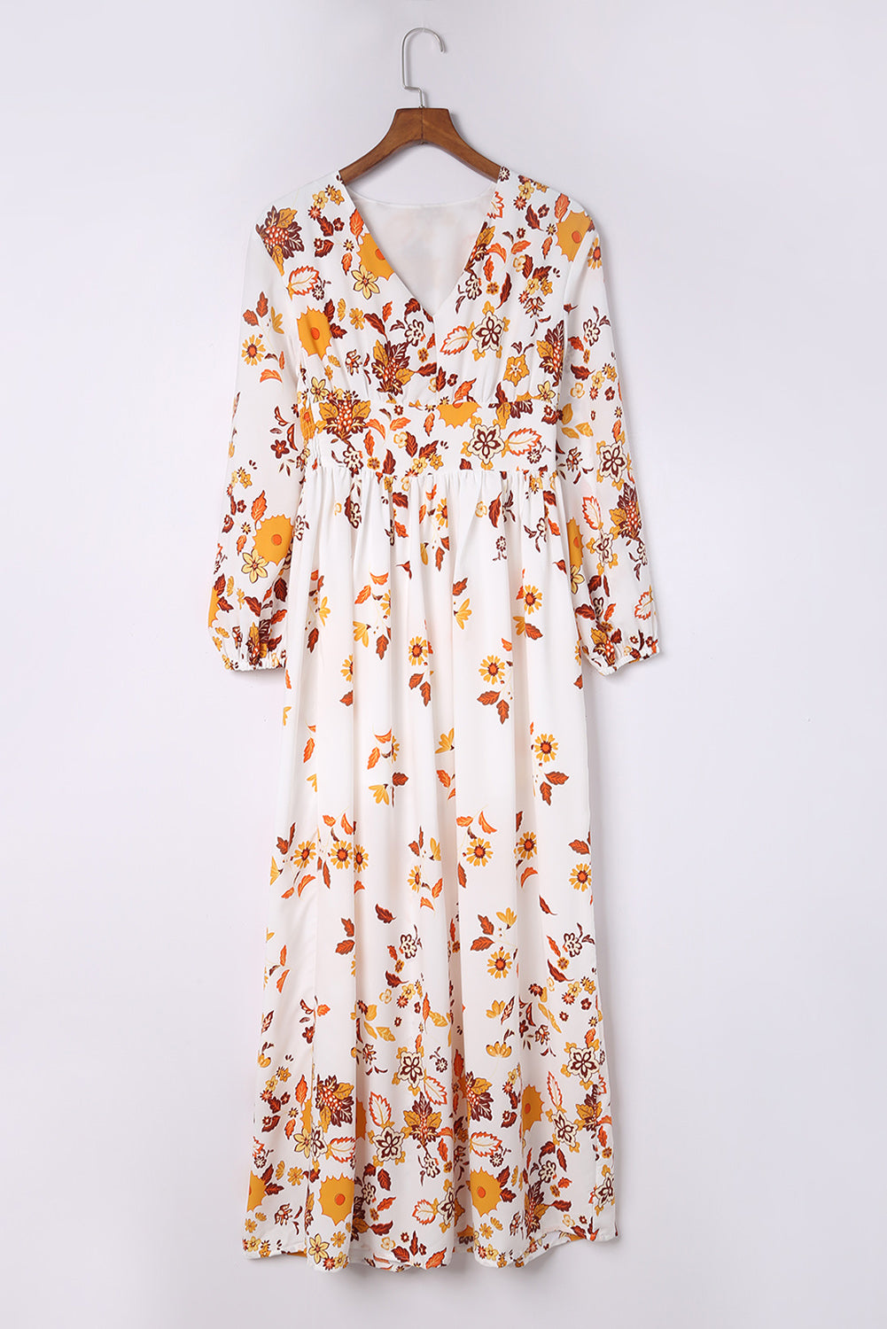 Leaf Print V Neck Puff Sleeve Maxi Dress