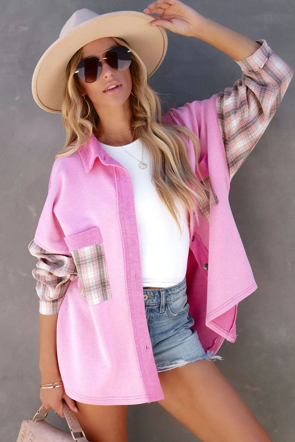 Plaid Patchwork Chest Pockets Oversized Shirt Jacket