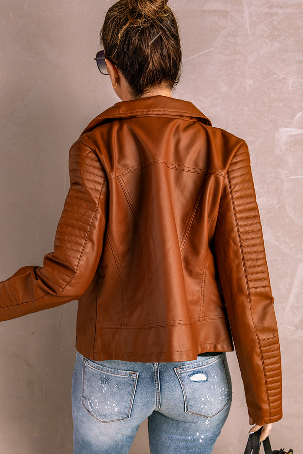 Ribbed Seam Detail Faux Leather Zipped Motorcycle Jacket