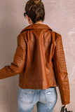 Ribbed Seam Detail Faux Leather Zipped Motorcycle Jacket