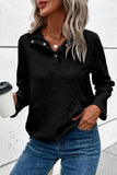 Black Textured Knit Buttoned Kangaroo Pocket Sweatshirt