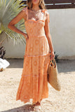 Boho Floral Print Lace-up Straps Tiered Smocked Maxi Dress