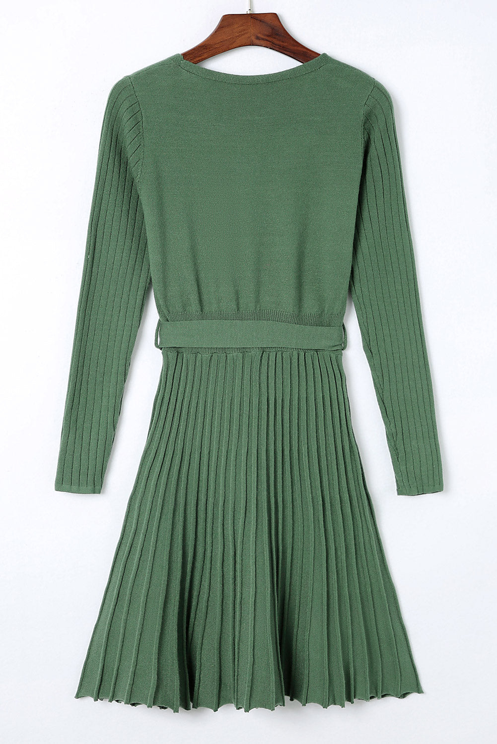 Belted V Neck Ribbed Pleated Sweater Dress