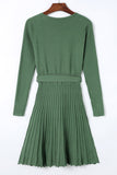 Belted V Neck Ribbed Pleated Sweater Dress