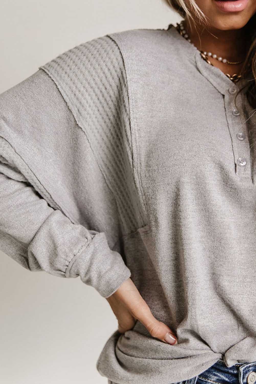 Gray Waffle Patchwork Dolman Sleeve Henley Top