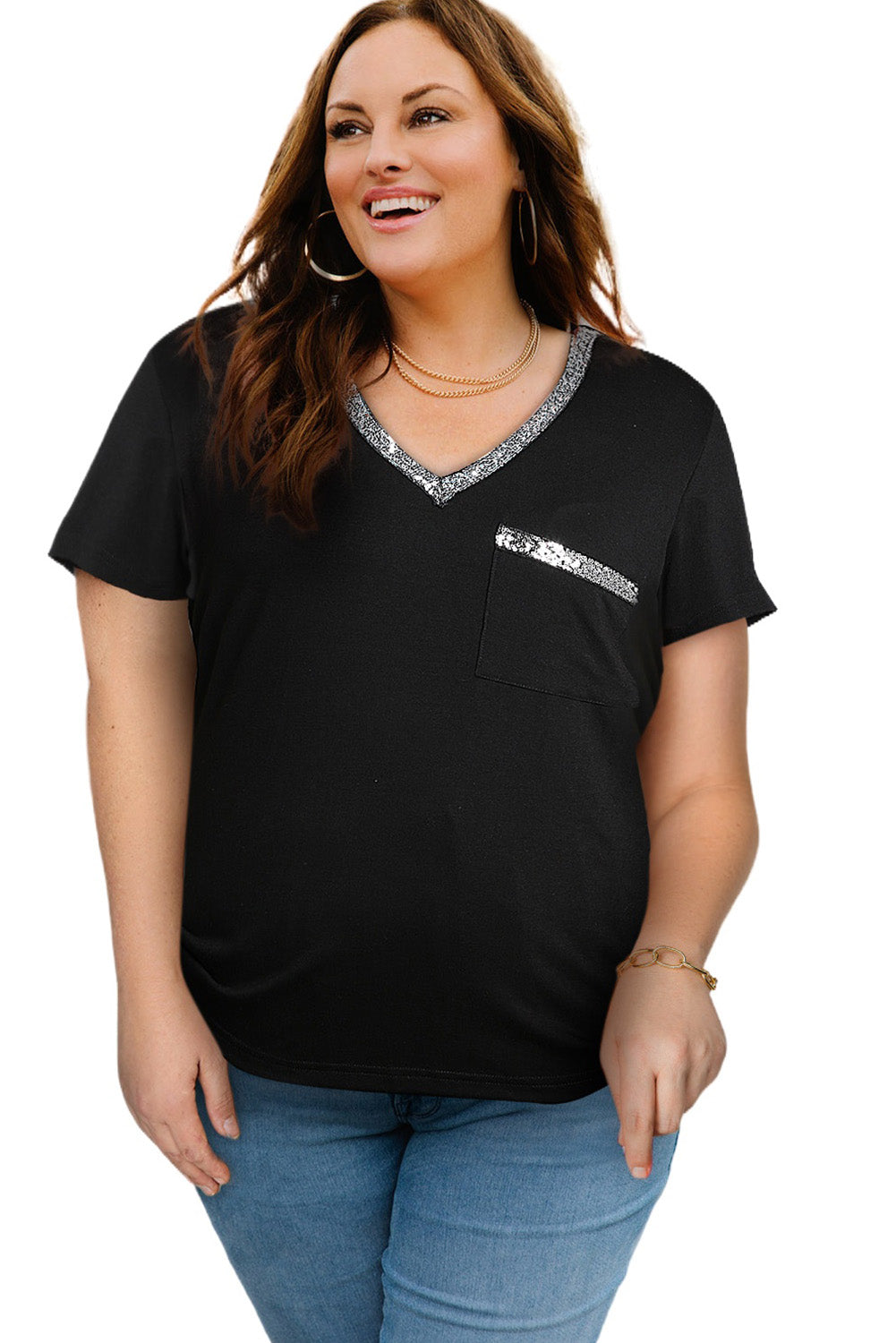 Sequin Trim V Neck Chest Pocket Plus Size Tee