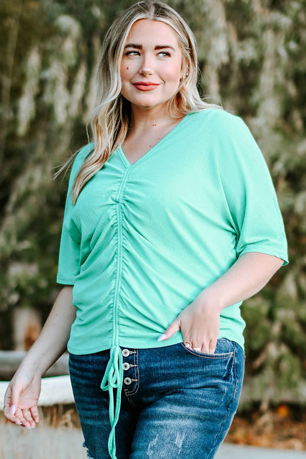 Plus Size Ruched Rib Drawstring V Neck Top