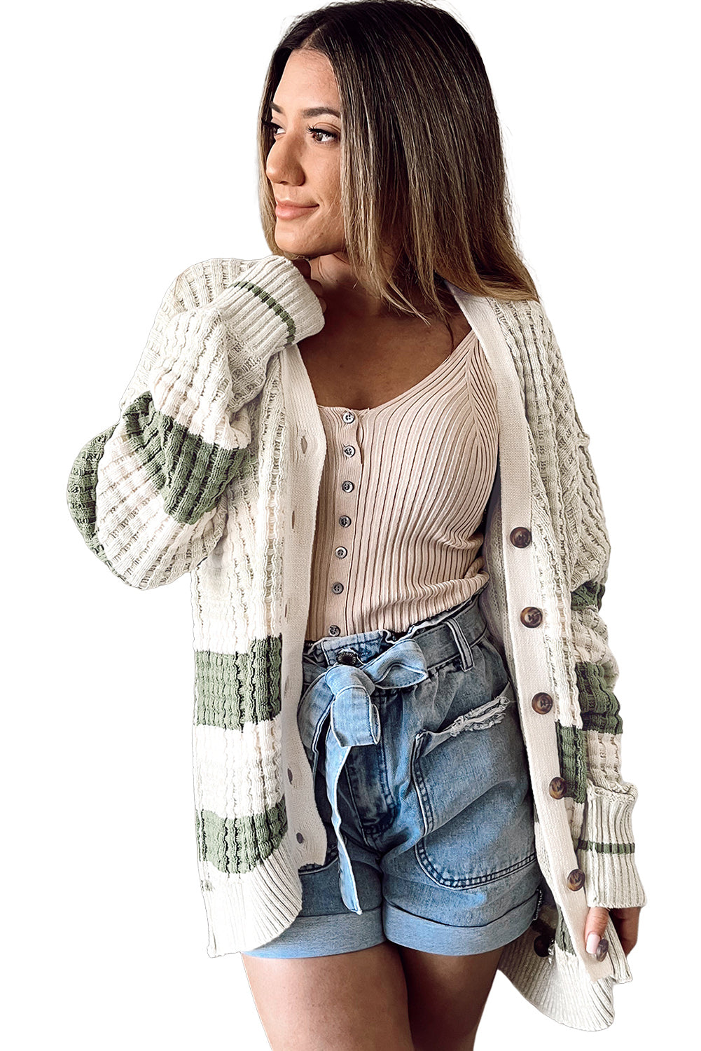 Green Colorblock Textured Knit Buttoned Cardigan