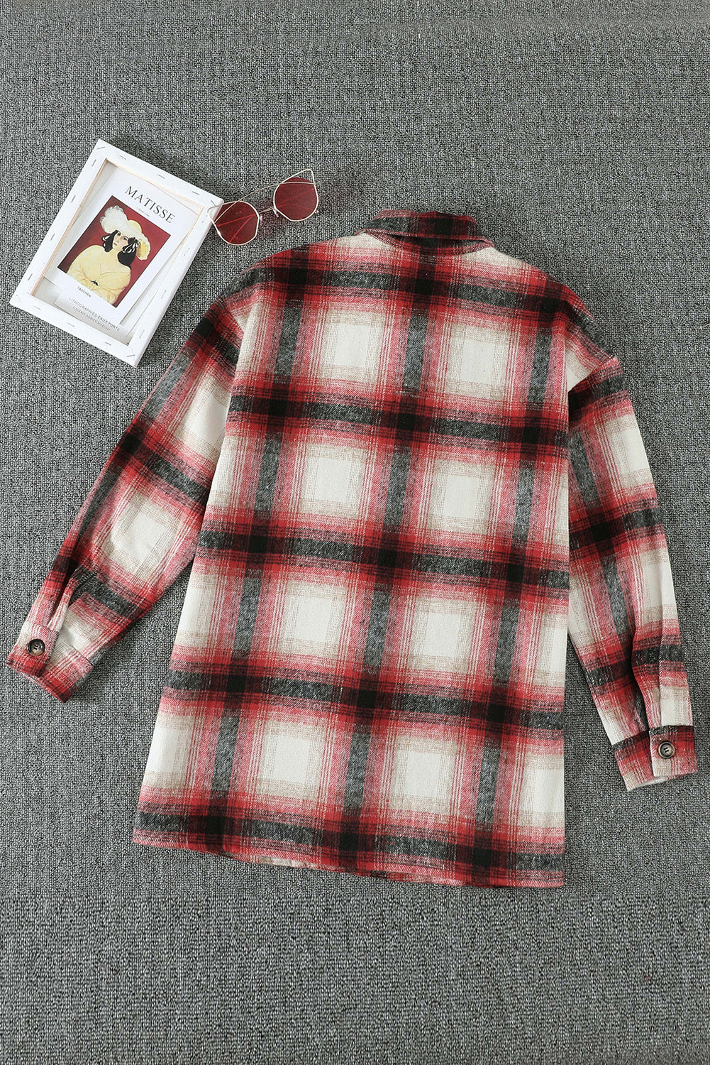 Turn down Neck Plaid Pocket Button Closure Coat