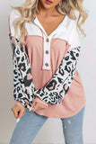 Pink Leopard Sleeve Patchwork Waffle Knit Top