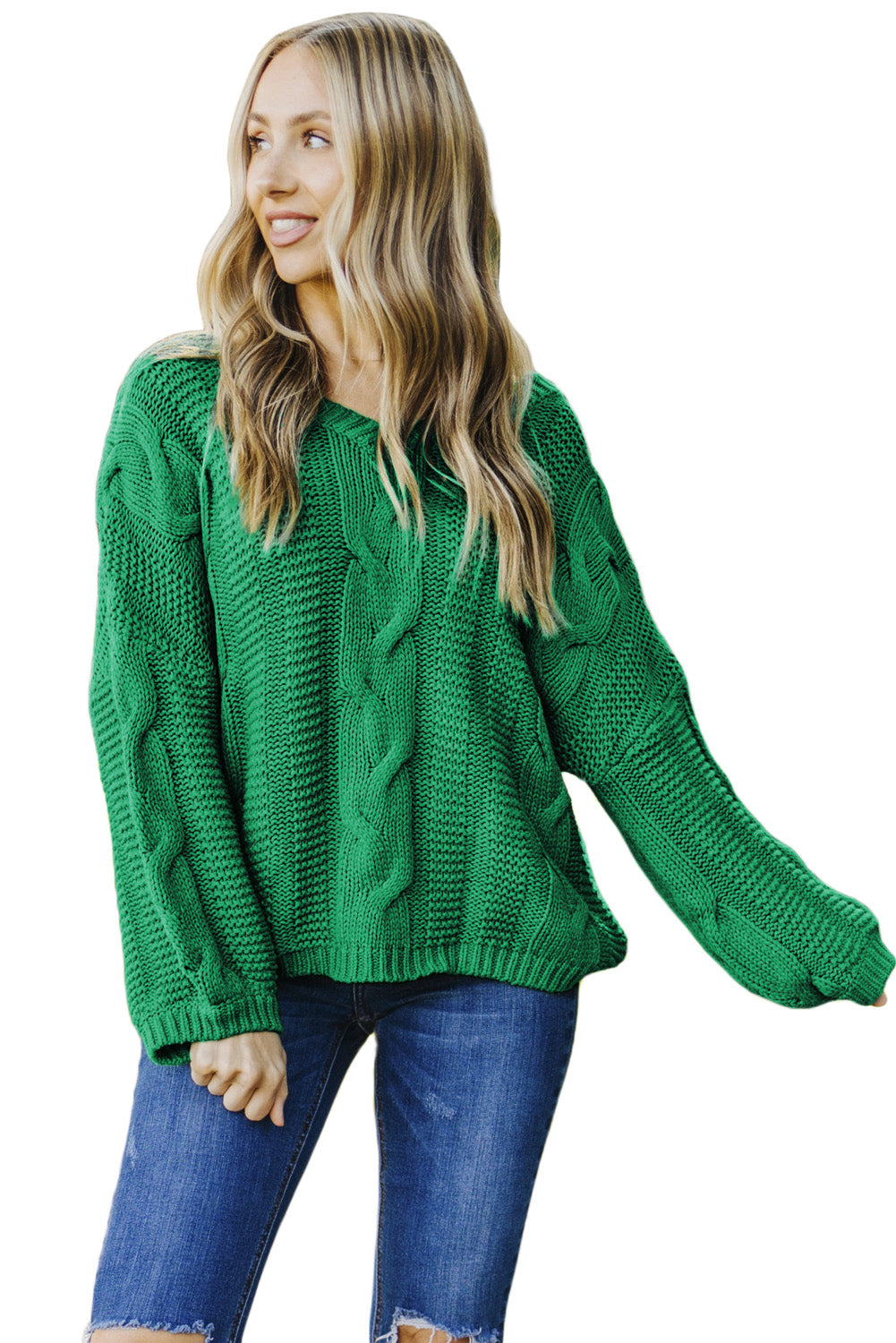 Pull vert en tricot tressé à col en V Bubblegum