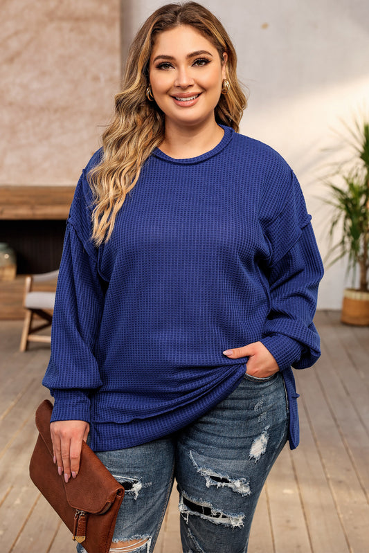 Plus Size Waffle Knit Oversized Exposed Seam Top