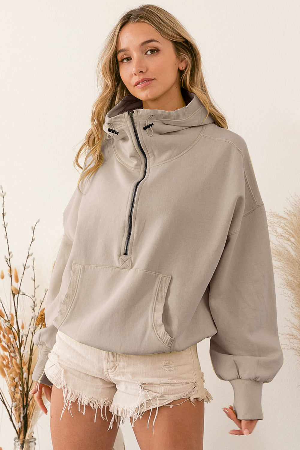 Ribbed Trim Kangaroo Pocket Zipped Hoodie