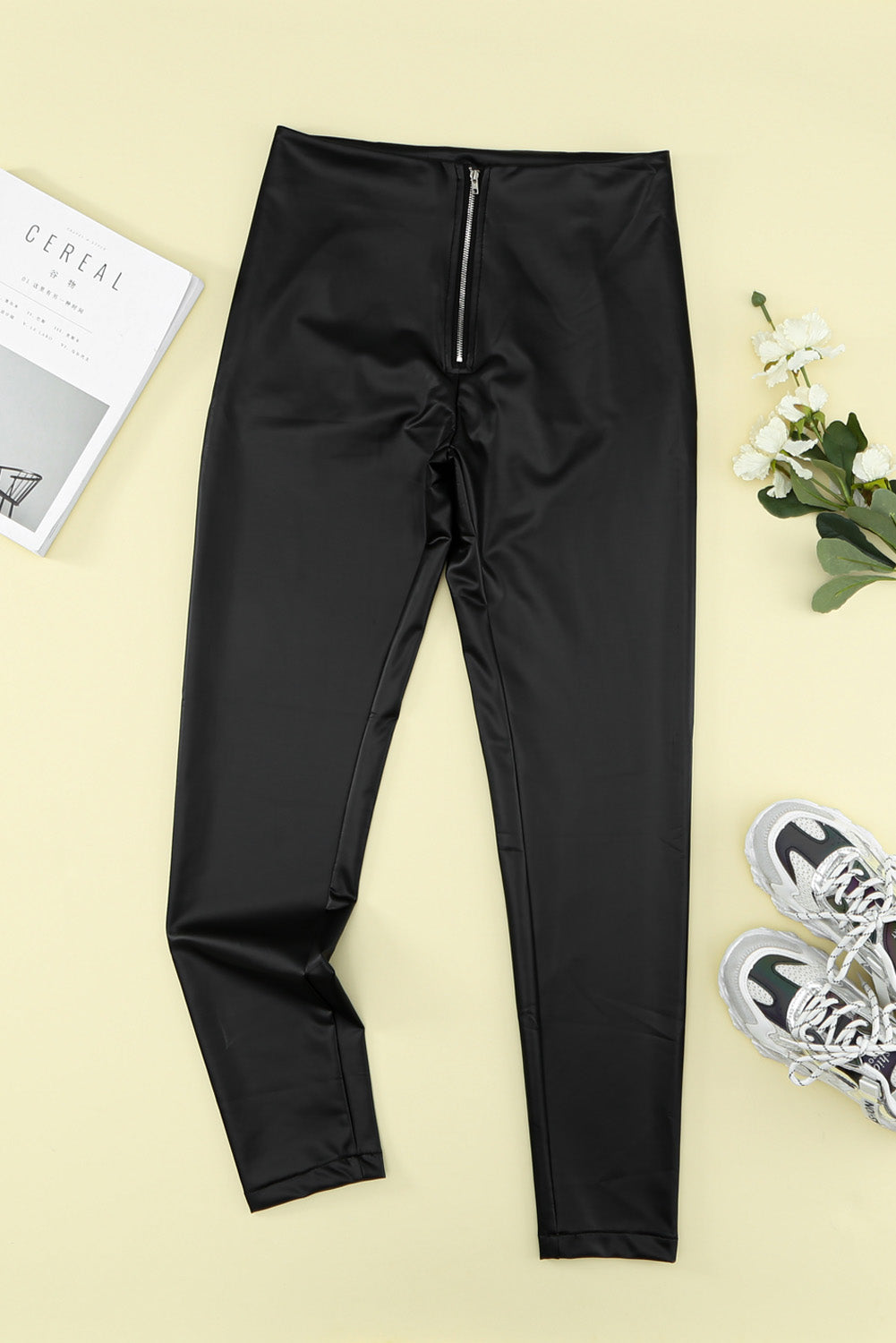 Pantalon PU skinny uni noir à fermeture éclair