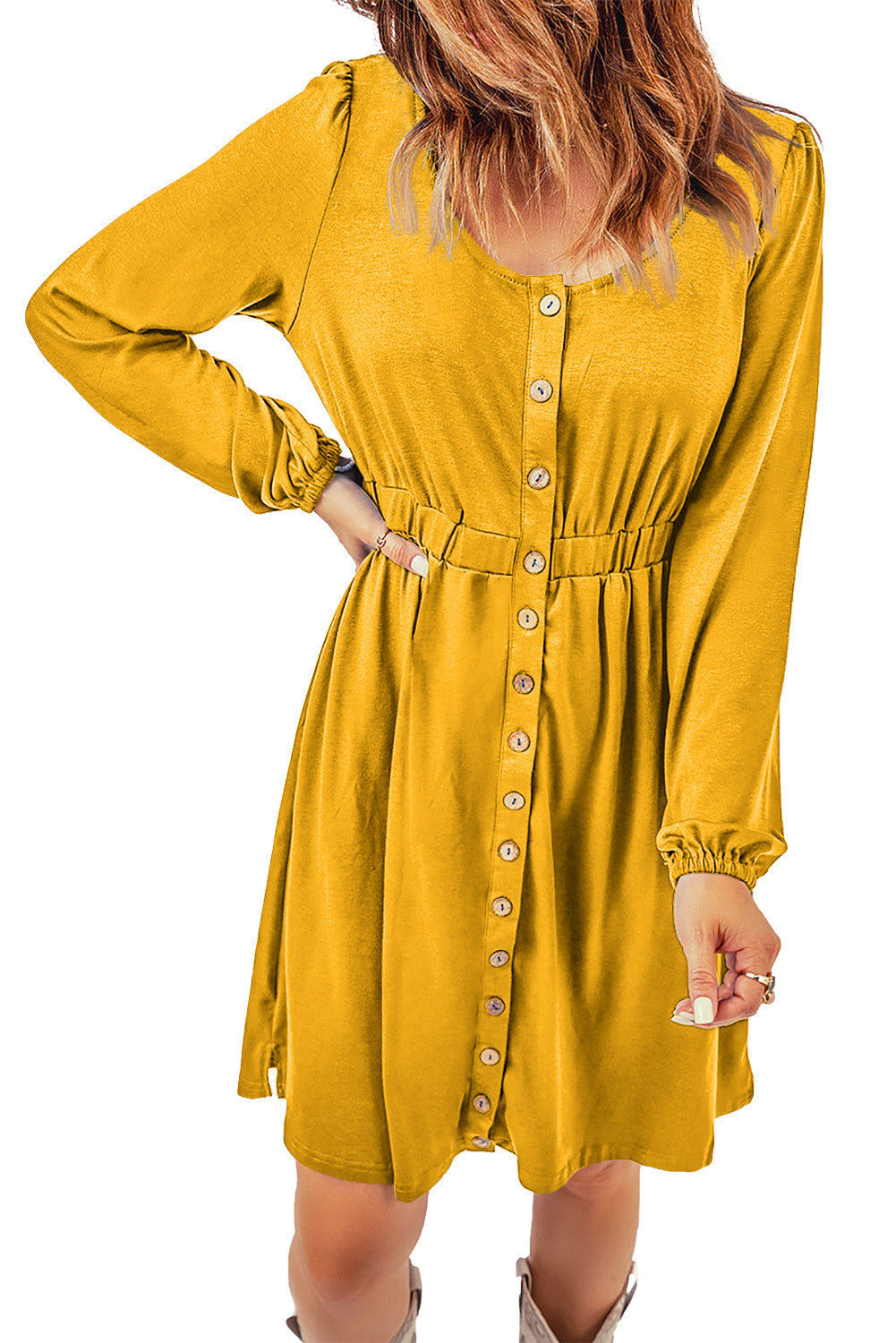 Button Up High Waist Long Sleeve Dress