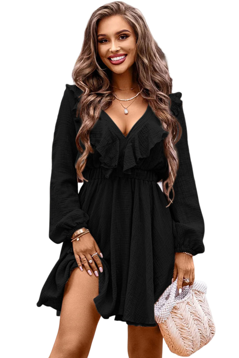 Black Textured Ruffled V Neck High Waist Mini Dress