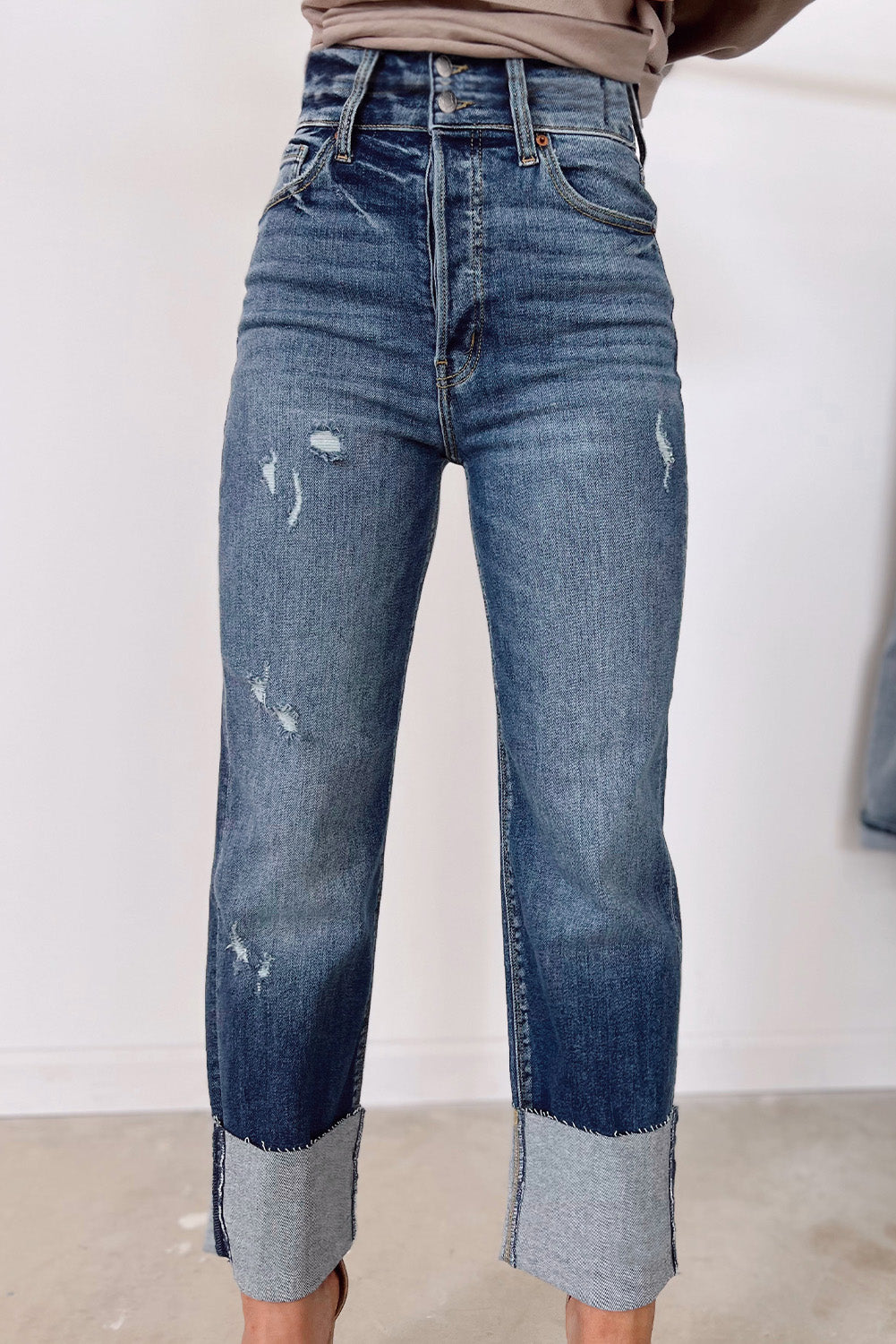 High Waist Distressed Straight Leg Jeans