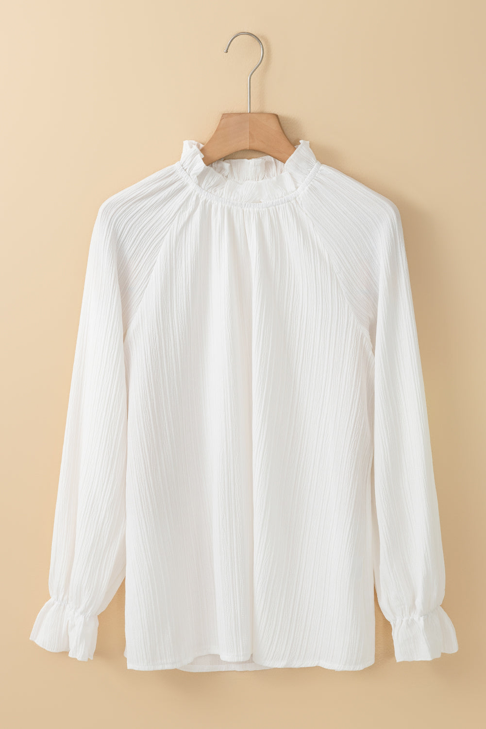 Frilled Mock Neck Ripple Bubble Sleeve Blouse