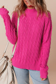 Rose Red Solid Cable Knit High Neck Drop Shoulder Sweater